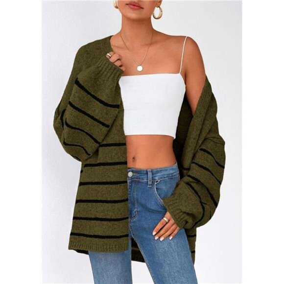 Womens Oversized Cardigan Sweaters Striped Army Green - Picture 3 of 6